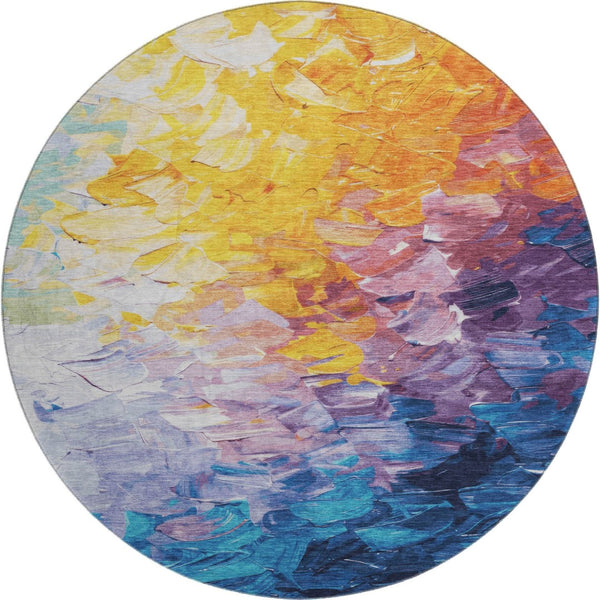 HomeRoots 8' Vibrant Gold Yellow & Teal Abstract Round Rug - Washable, UV Protected for Stylish Durability 696725