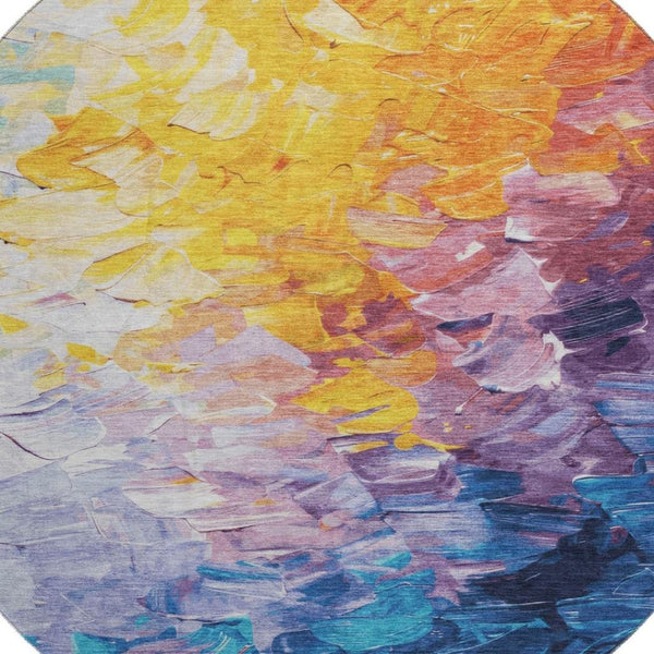 HomeRoots 8' Vibrant Gold Yellow & Teal Abstract Round Rug - Washable, UV Protected for Stylish Durability 696725