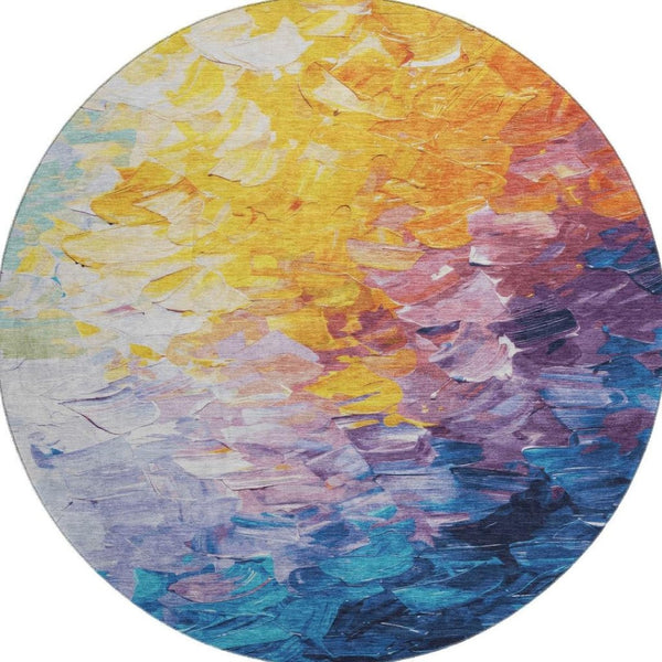 HomeRoots 8' Vibrant Gold Yellow & Teal Abstract Round Rug - Washable, UV Protected for Stylish Durability 696725