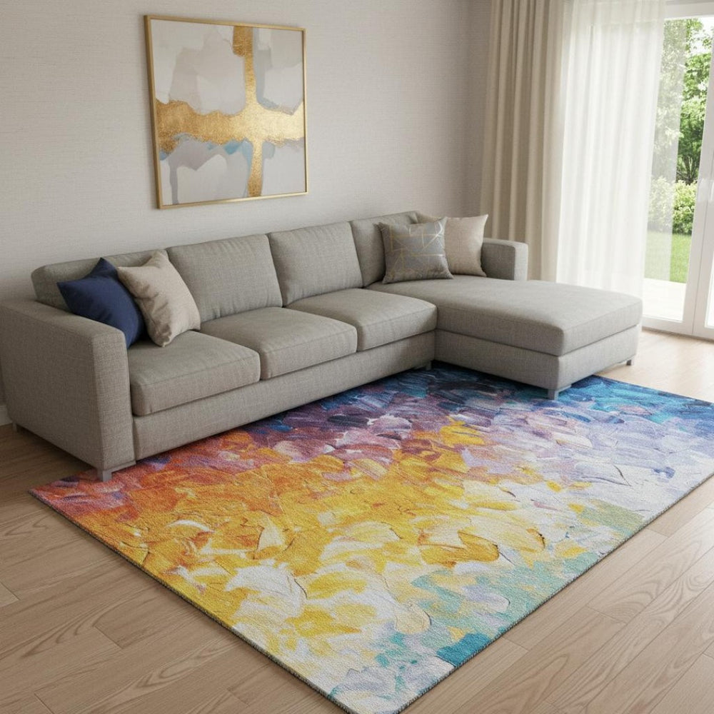 HomeRoots 8' X 10' Gold Yellow & Teal Abstract Washable Area Rug – Durable, UV-Protected, Stylish Centerpiece! 696726