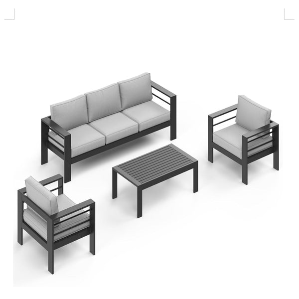English Elm All-weather Outdoor 4 Piece Iron Conversation Set with Olefin Cushions and Wood Grain Table Light Gray B082S00105