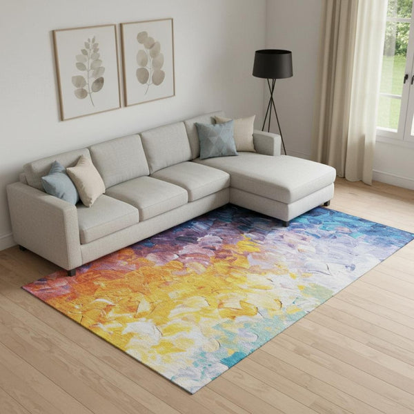 HomeRoots 9' X 12' Gold Yellow & Teal Abstract Washable Area Rug - UV Protected, Stain Resistant, Durable Design 696727