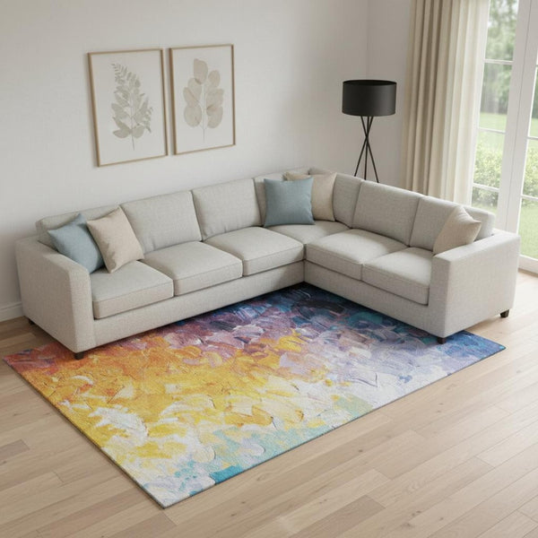 HomeRoots 10' Vibrant Gold Yellow & Teal Abstract Washable Area Rug with UV Protection for High-Traffic Spaces 696728