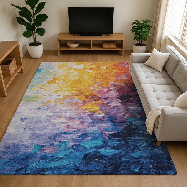 HomeRoots 10' Vibrant Gold Yellow & Teal Abstract Washable Area Rug with UV Protection for High-Traffic Spaces 696728