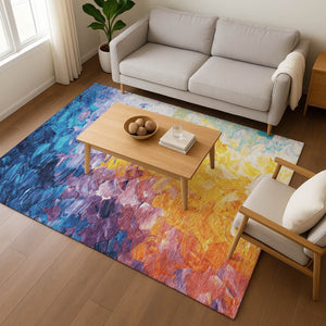 HomeRoots 10' Vibrant Gold Yellow & Teal Abstract Washable Area Rug with UV Protection for High-Traffic Spaces 696728