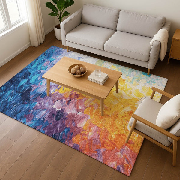HomeRoots 10' Vibrant Gold Yellow & Teal Abstract Washable Area Rug with UV Protection for High-Traffic Spaces 696728