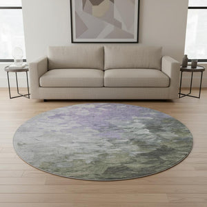 HomeRoots 8' Abstract Lavender Gray & Silver Washable Round Rug with UV Protection for Modern Homes 696731