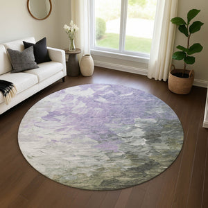 HomeRoots 8' Abstract Lavender Gray & Silver Washable Round Rug with UV Protection for Modern Homes 696731