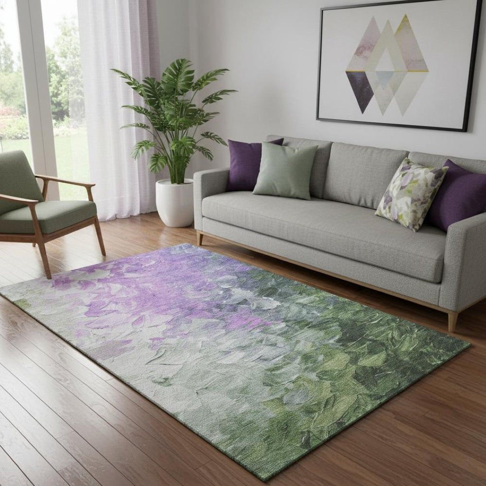 HomeRoots 5' X 8' Abstract Washable Area Rug in Purple, Green & Ivory – Durable, UV-Protected, Stylish Addition! 696736