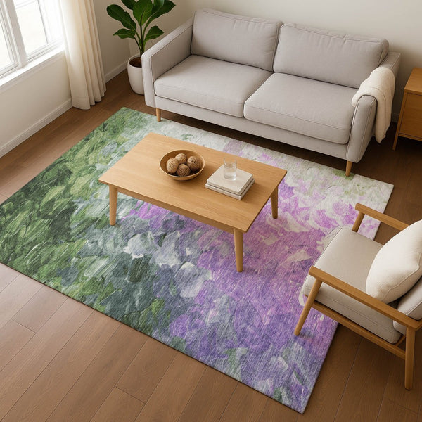 HomeRoots 5' X 8' Abstract Washable Area Rug in Purple, Green & Ivory – Durable, UV-Protected, Stylish Addition! 696736