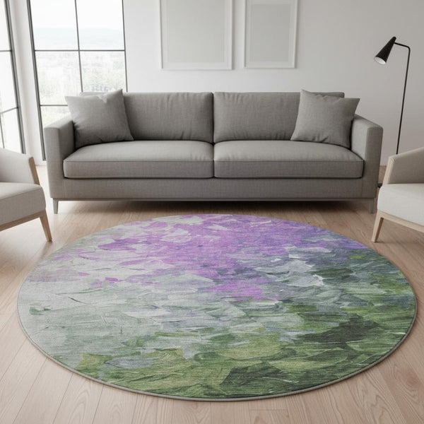 HomeRoots 8' Vibrant Abstract Round Rug in Purple, Green & Ivory - Stain Resistant, UV Protected for Easy Care 696737