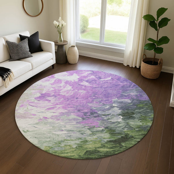 HomeRoots 8' Vibrant Abstract Round Rug in Purple, Green & Ivory - Stain Resistant, UV Protected for Easy Care 696737