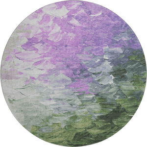 HomeRoots 8' Vibrant Abstract Round Rug in Purple, Green & Ivory - Stain Resistant, UV Protected for Easy Care 696737