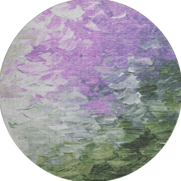 HomeRoots 8' Vibrant Abstract Round Rug in Purple, Green & Ivory - Stain Resistant, UV Protected for Easy Care 696737