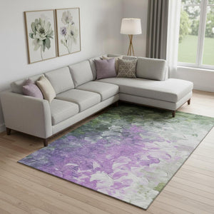 HomeRoots 9' X 12' Contemporary Abstract Area Rug in Purple, Green & Ivory - Washable, UV Protected, Durable 696739