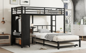 English Elm Twin Bunk Bed With Wardrobe & Trundle, Metal Frame, Foldable Desk, Noise-Reduced Design, Black Finish W1580S00135-GIGA