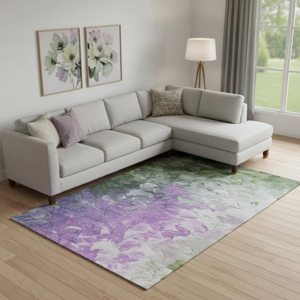 HomeRoots 10' X 14' Washable Area Rug in Purple, Green & Ivory - UV Protected, Modern Abstract Design for Homes 696740