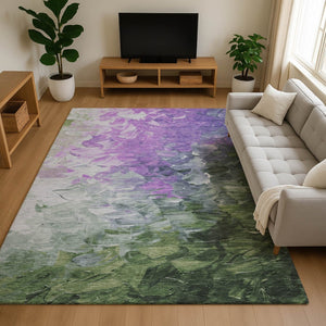 HomeRoots 10' X 14' Washable Area Rug in Purple, Green & Ivory - UV Protected, Modern Abstract Design for Homes 696740