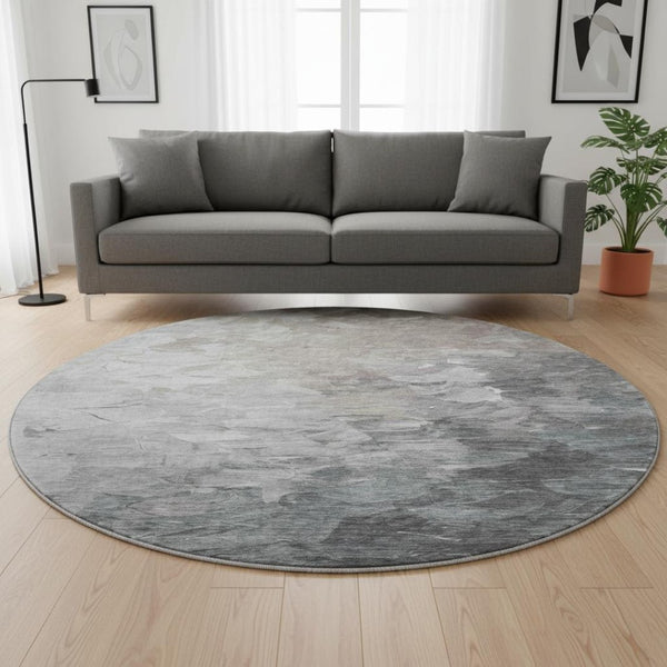 HomeRoots 8' Stylish Taupe Gray & Silver Abstract Round Rug - Washable, UV Protected for High-Traffic Areas 696743