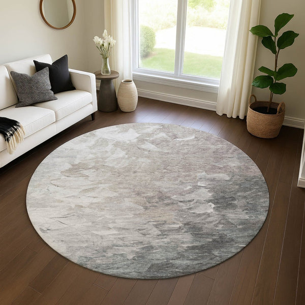 HomeRoots 8' Stylish Taupe Gray & Silver Abstract Round Rug - Washable, UV Protected for High-Traffic Areas 696743
