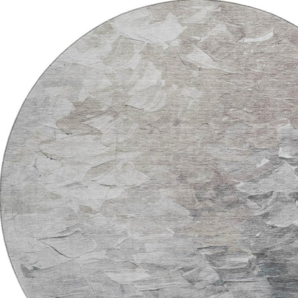 HomeRoots 8' Stylish Taupe Gray & Silver Abstract Round Rug - Washable, UV Protected for High-Traffic Areas 696743