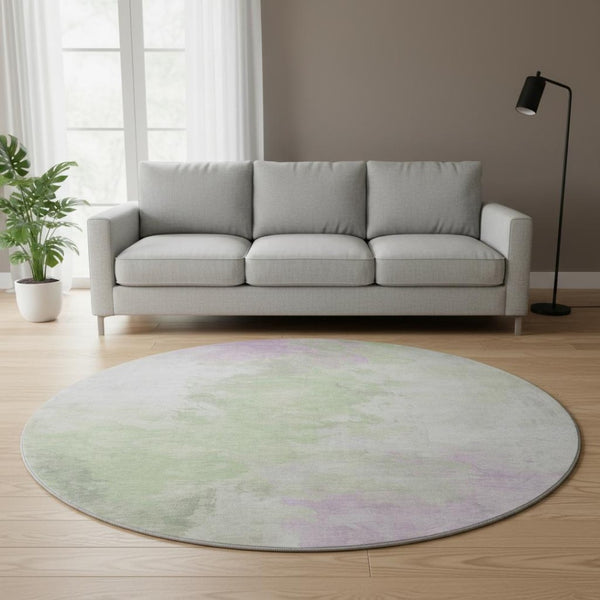 HomeRoots 8' Modern Abstract Artichoke Green, Ivory & Lavender Round Rug - Washable, UV Protected & Durable 696749