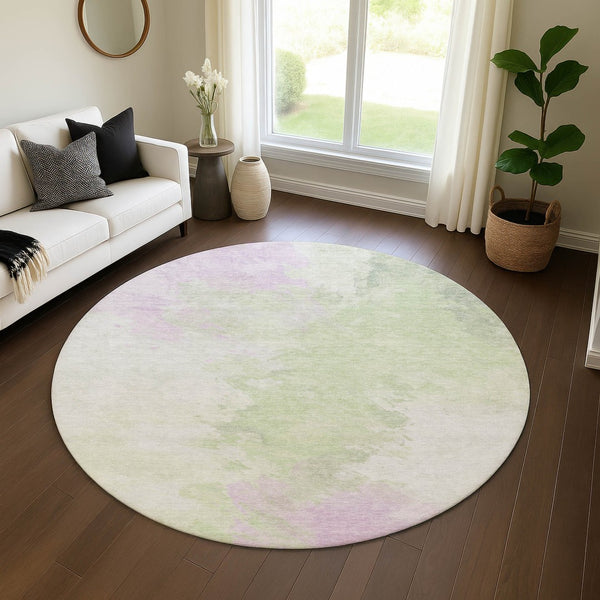 HomeRoots 8' Modern Abstract Artichoke Green, Ivory & Lavender Round Rug - Washable, UV Protected & Durable 696749