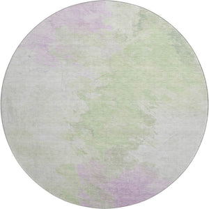 HomeRoots 8' Modern Abstract Artichoke Green, Ivory & Lavender Round Rug - Washable, UV Protected & Durable 696749