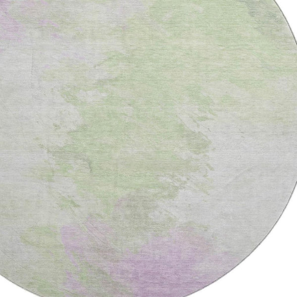 HomeRoots 8' Modern Abstract Artichoke Green, Ivory & Lavender Round Rug - Washable, UV Protected & Durable 696749