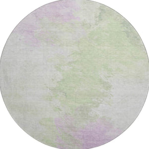 HomeRoots 8' Modern Abstract Artichoke Green, Ivory & Lavender Round Rug - Washable, UV Protected & Durable 696749