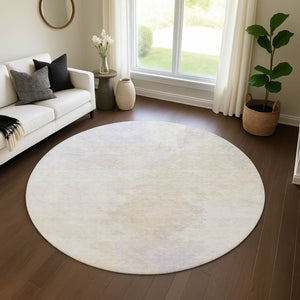HomeRoots 8' Beige and Ivory Abstract Round Rug - Washable, UV-Protected, Stain-Resistant for High-Traffic Areas 696755