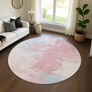 HomeRoots 8' Blush Blue and Ivory Abstract Round Rug - Washable, UV Protected, Durable, Modern Style for Any Room 696761
