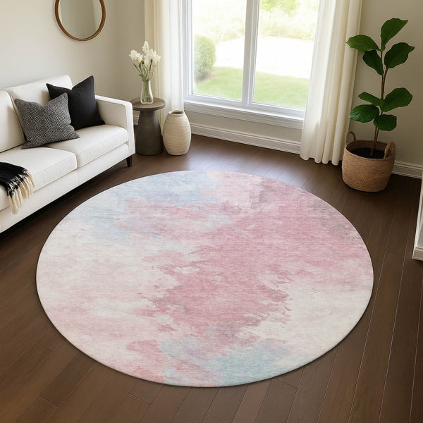 HomeRoots 8' Blush Blue and Ivory Abstract Round Rug - Washable, UV Protected, Durable, Modern Style for Any Room 696761
