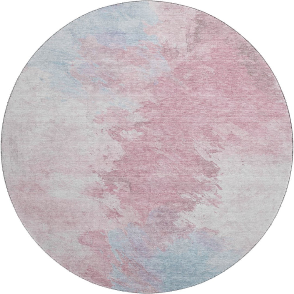 HomeRoots 8' Blush Blue and Ivory Abstract Round Rug - Washable, UV Protected, Durable, Modern Style for Any Room 696761