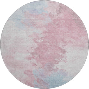HomeRoots 8' Blush Blue and Ivory Abstract Round Rug - Washable, UV Protected, Durable, Modern Style for Any Room 696761