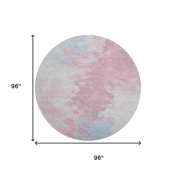 HomeRoots 8' Blush Blue and Ivory Abstract Round Rug - Washable, UV Protected, Durable, Modern Style for Any Room 696761
