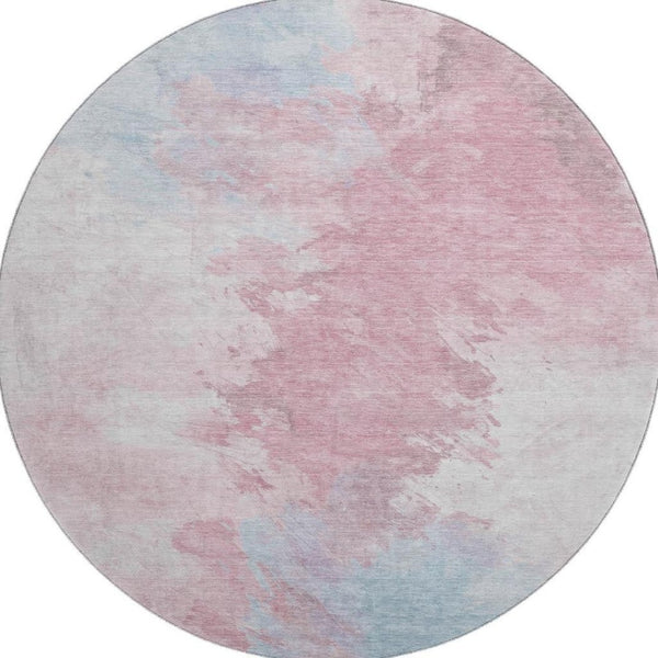 HomeRoots 8' Blush Blue and Ivory Abstract Round Rug - Washable, UV Protected, Durable, Modern Style for Any Room 696761