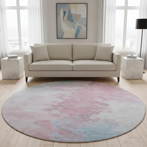 HomeRoots 8' Blush Blue and Ivory Abstract Round Rug - Washable, UV Protected, Durable, Modern Style for Any Room 696761