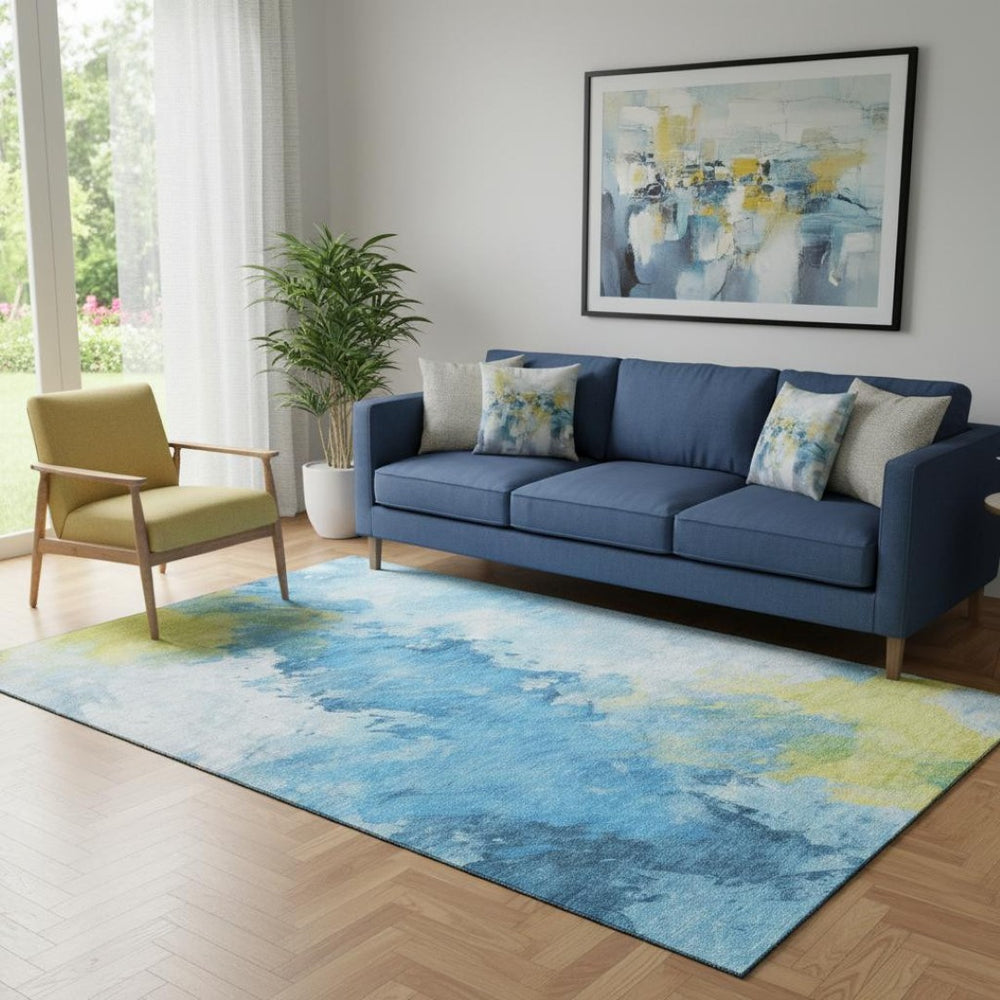 HomeRoots 5' X 8' Vibrant Blue Yellow and Ivory Abstract Rug - Washable, Stain Resistant, UV Protected, Non-Slip 696766