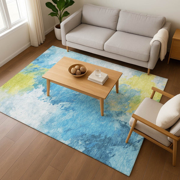 HomeRoots 5' X 8' Vibrant Blue Yellow and Ivory Abstract Rug - Washable, Stain Resistant, UV Protected, Non-Slip 696766