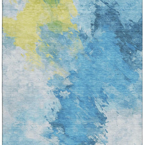 HomeRoots 5' X 8' Vibrant Blue Yellow and Ivory Abstract Rug - Washable, Stain Resistant, UV Protected, Non-Slip 696766