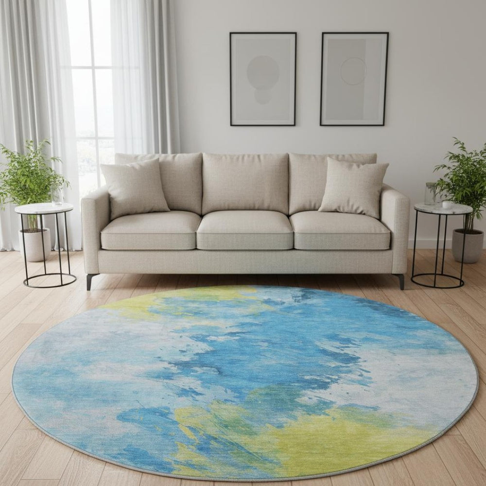 HomeRoots 8' Vibrant Blue Yellow Ivory Abstract Round Rug - Washable, UV Protected, Ideal for Any Space! 696767