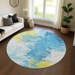HomeRoots 8' Vibrant Blue Yellow Ivory Abstract Round Rug - Washable, UV Protected, Ideal for Any Space! 696767