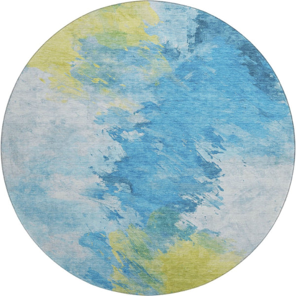 HomeRoots 8' Vibrant Blue Yellow Ivory Abstract Round Rug - Washable, UV Protected, Ideal for Any Space! 696767