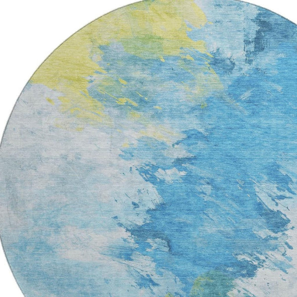 HomeRoots 8' Vibrant Blue Yellow Ivory Abstract Round Rug - Washable, UV Protected, Ideal for Any Space! 696767