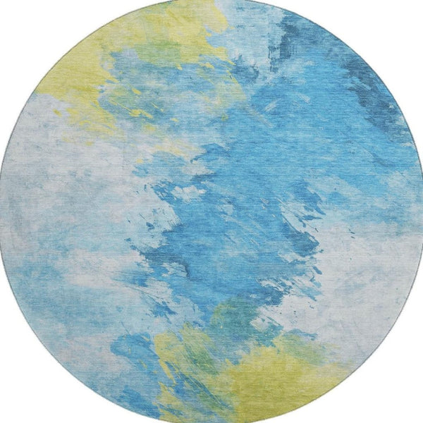 HomeRoots 8' Vibrant Blue Yellow Ivory Abstract Round Rug - Washable, UV Protected, Ideal for Any Space! 696767