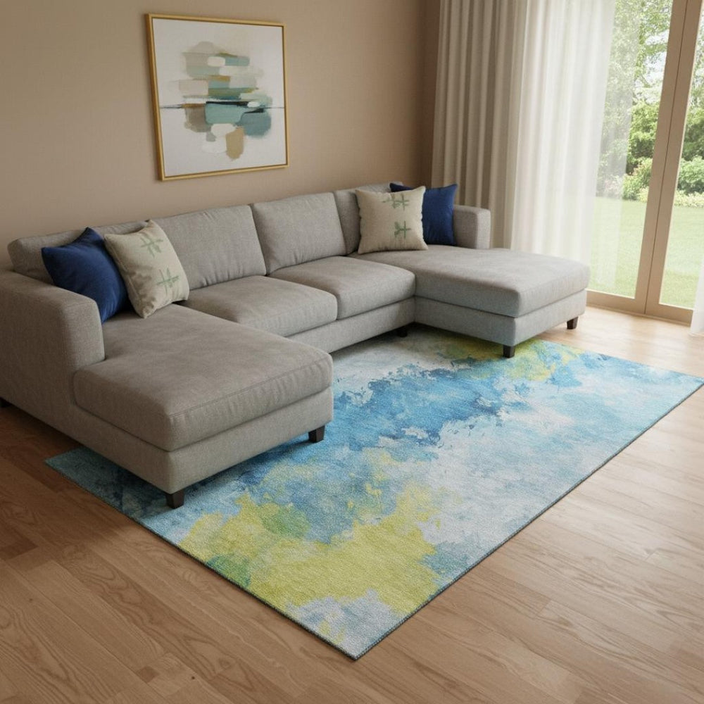 HomeRoots 8' X 10' Abstract Area Rug in Vibrant Blue, Yellow & Ivory - Washable, UV Protected, Durable Design! 696768