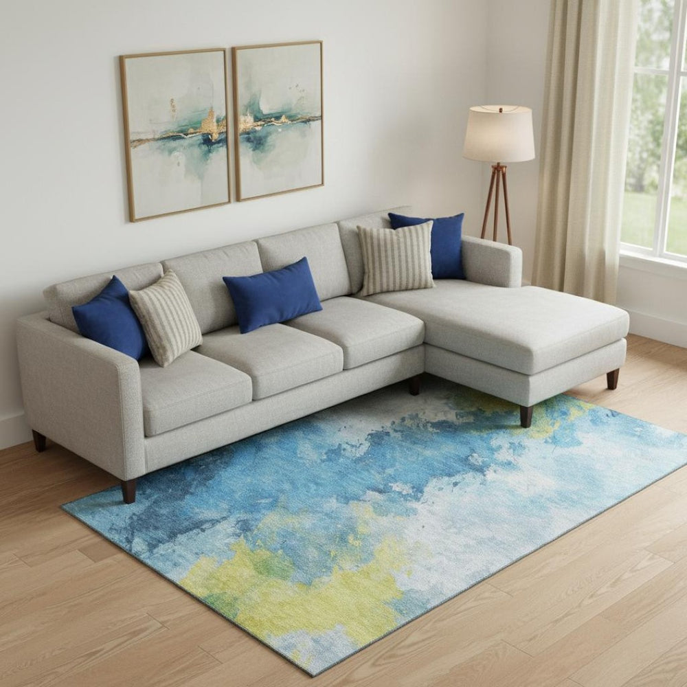 HomeRoots 9' X 12' Abstract Washable Area Rug in Blue, Yellow & Ivory - UV Protected, Non-Slip, Durable Design 696769