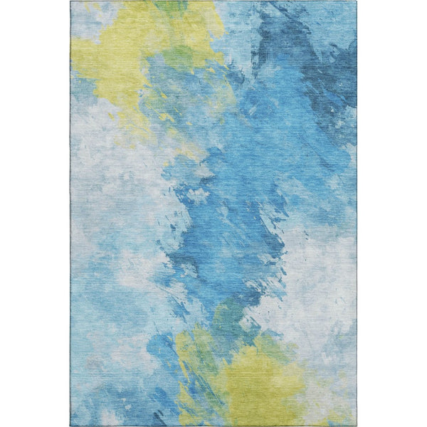 HomeRoots 9' X 12' Abstract Washable Area Rug in Blue, Yellow & Ivory - UV Protected, Non-Slip, Durable Design 696769