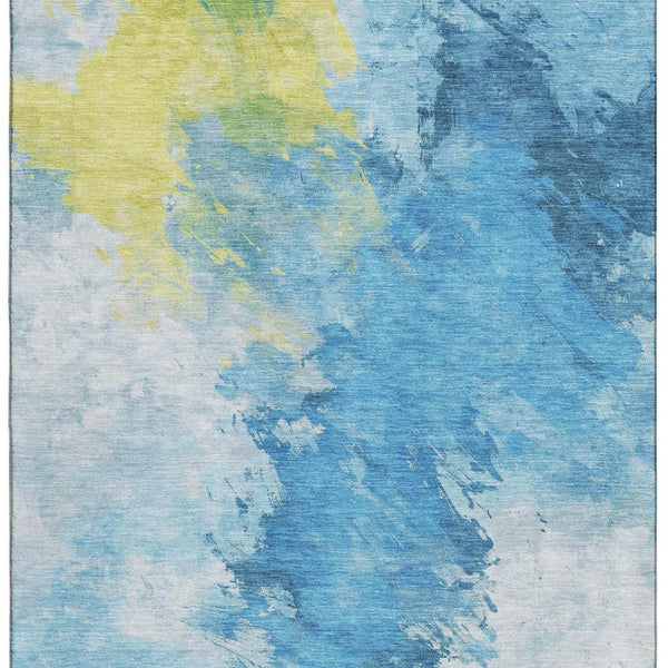HomeRoots 9' X 12' Abstract Washable Area Rug in Blue, Yellow & Ivory - UV Protected, Non-Slip, Durable Design 696769